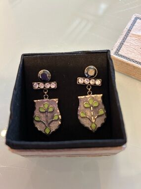 Vintage-Inspired Green Enamel Shield Drop Earrings
